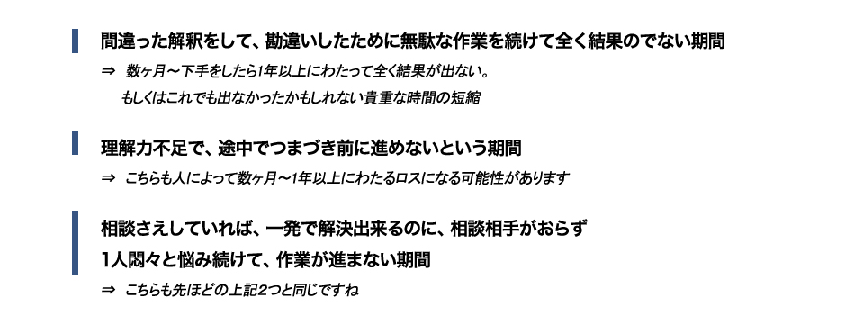 間違った解釈をして、勘違いしたために無駄な作業を続けて全く結果のでない期間。理解力不足で、途中でつまづき前に進めないという期間。相談さえしていれば、一発で解決出来るのに、相談相手がおらず1人悶々と悩み続けて、作業が進まない期間